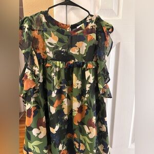 Floral Ruffle Blouse in Green and Orange